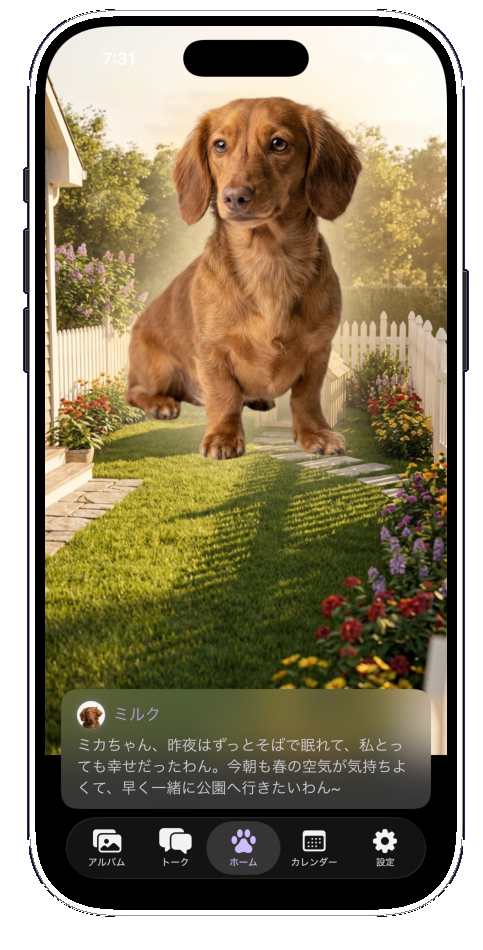 ホーム画面 - 庭で遊ぶ犬