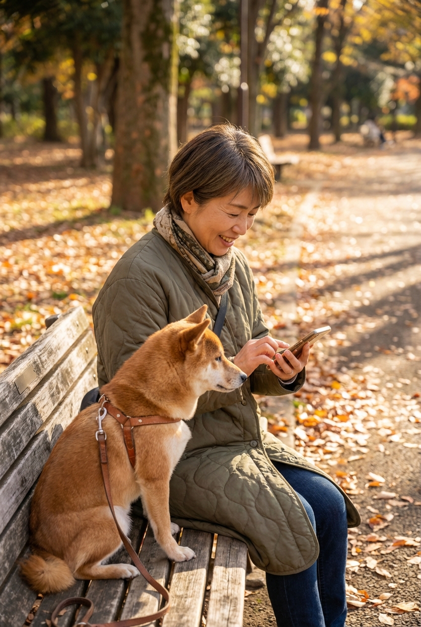 公園で犬と散歩しながらスマホ
